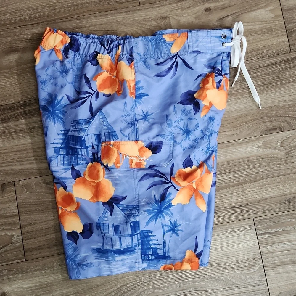 Panama Jack Blue Orange Hawaiian Print Swim Shorts Velcro Close & Pocket XL